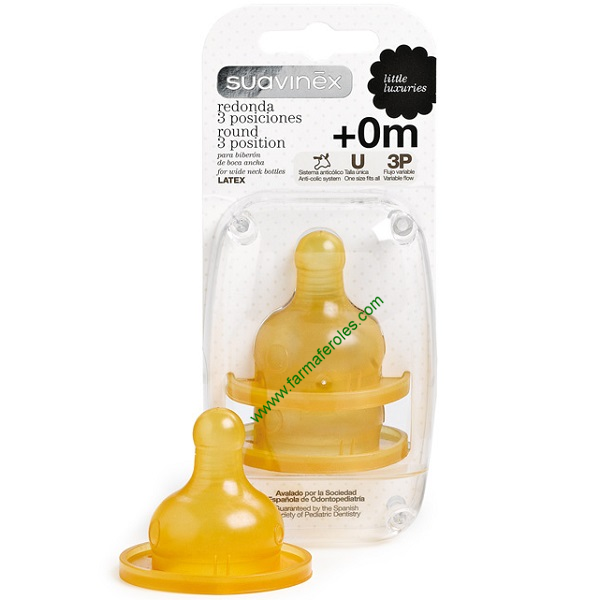 Suavinex Tetina Redonda Látex Boca Ancha 3 Posiciones 2 unidades